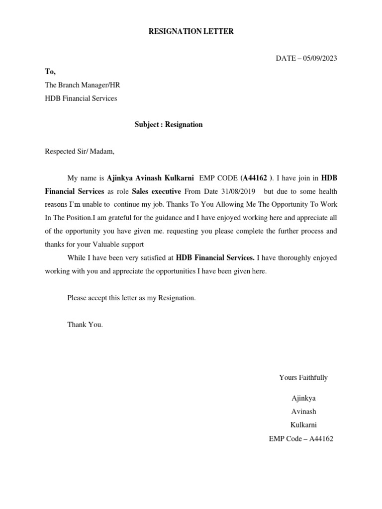 HDB Financial Services Resignation Letter | PDF