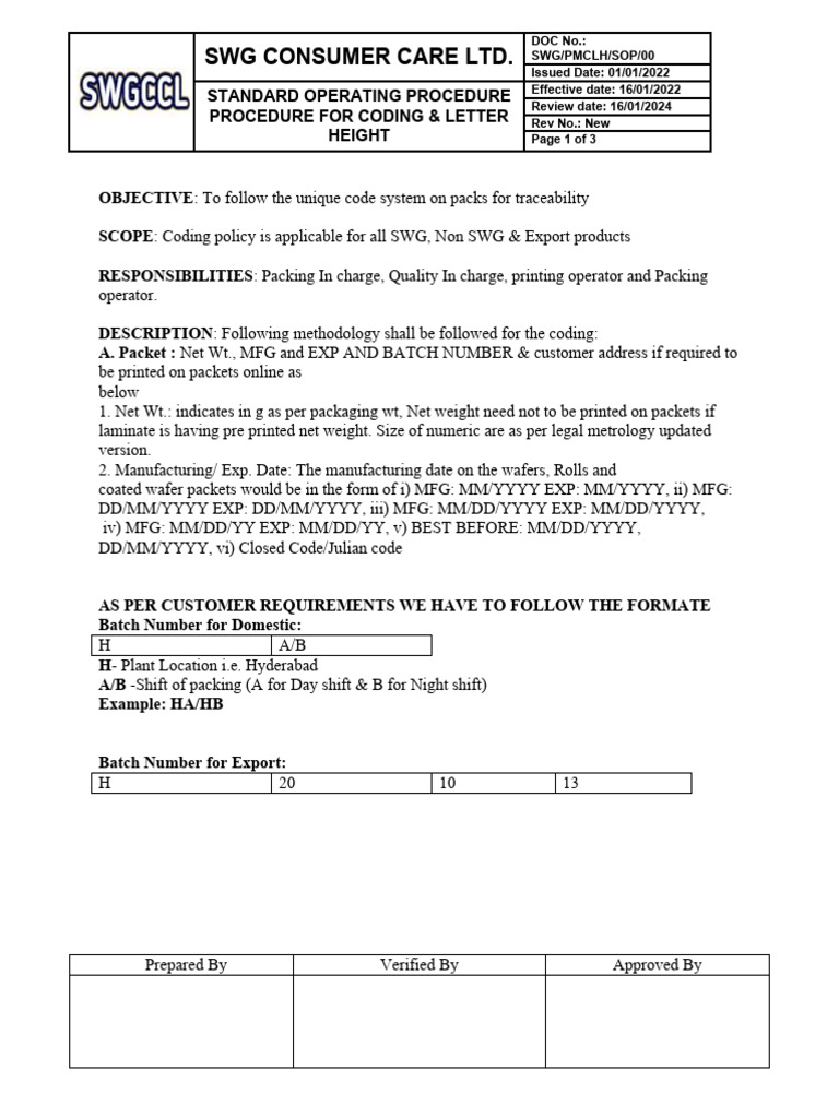 SWG Consumer Care Coding SOP | PDF | Technology & Engineering