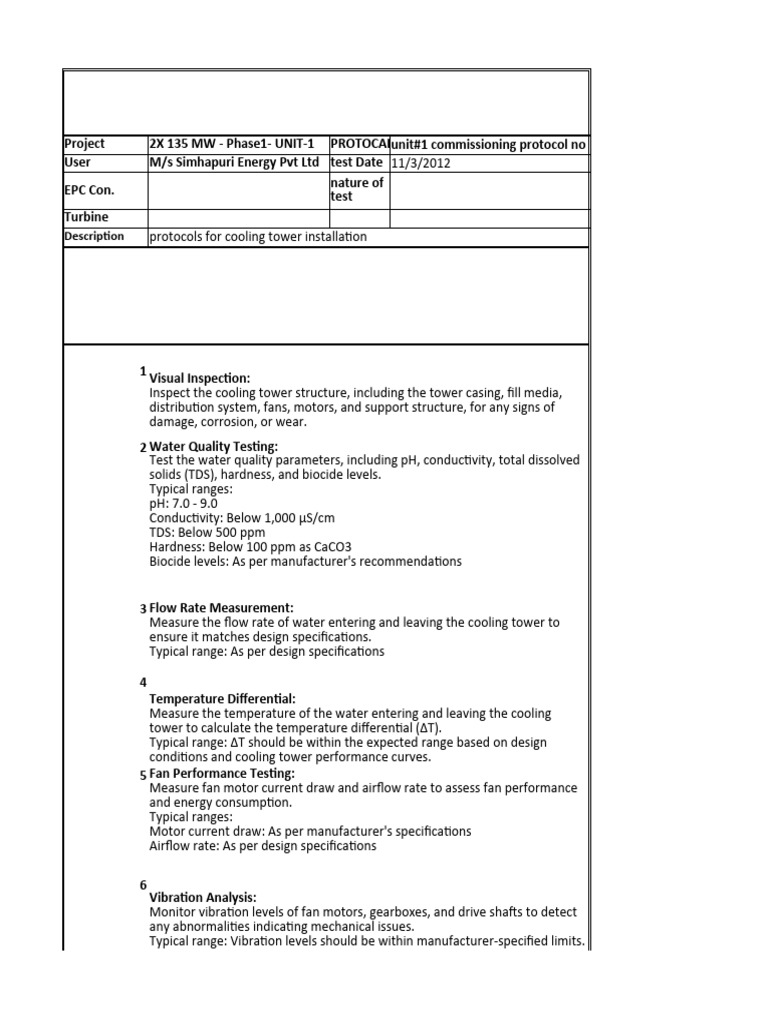 Cooling Tower Testing Protocol | PDF | Water | Water Quality