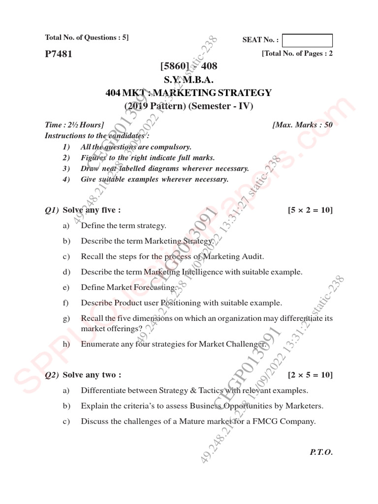 SPPU Question Paper I On Marketing-Strategy Pattern-2019 | PDF ...