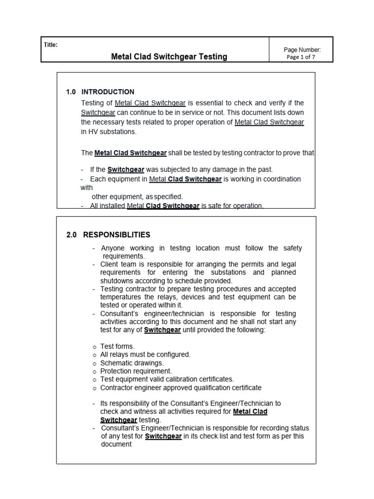 Metal Clad Switchgear Testing Guide | PDF | Switch | Equipment