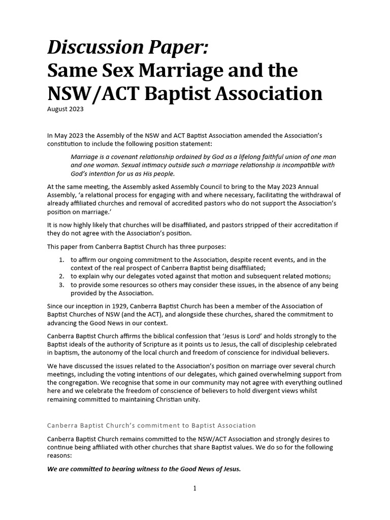 Discussion Paper Same Sex Marriage and The NSW ACT Baptist Association ...