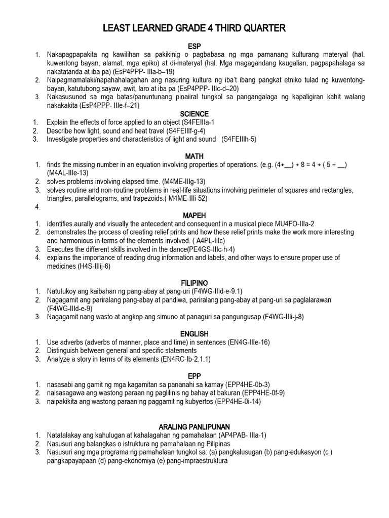 Grade 4 Third Quarter Learning Outcomes | PDF