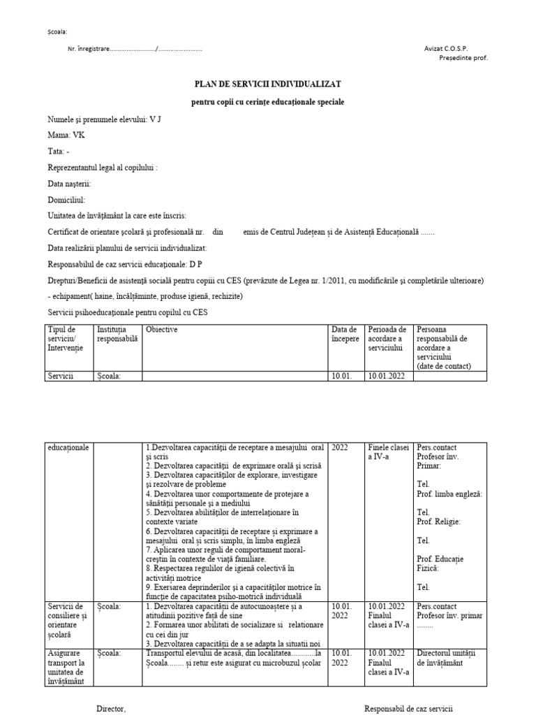 Plan de Servicii Individualizat Elev Cu CES | PDF