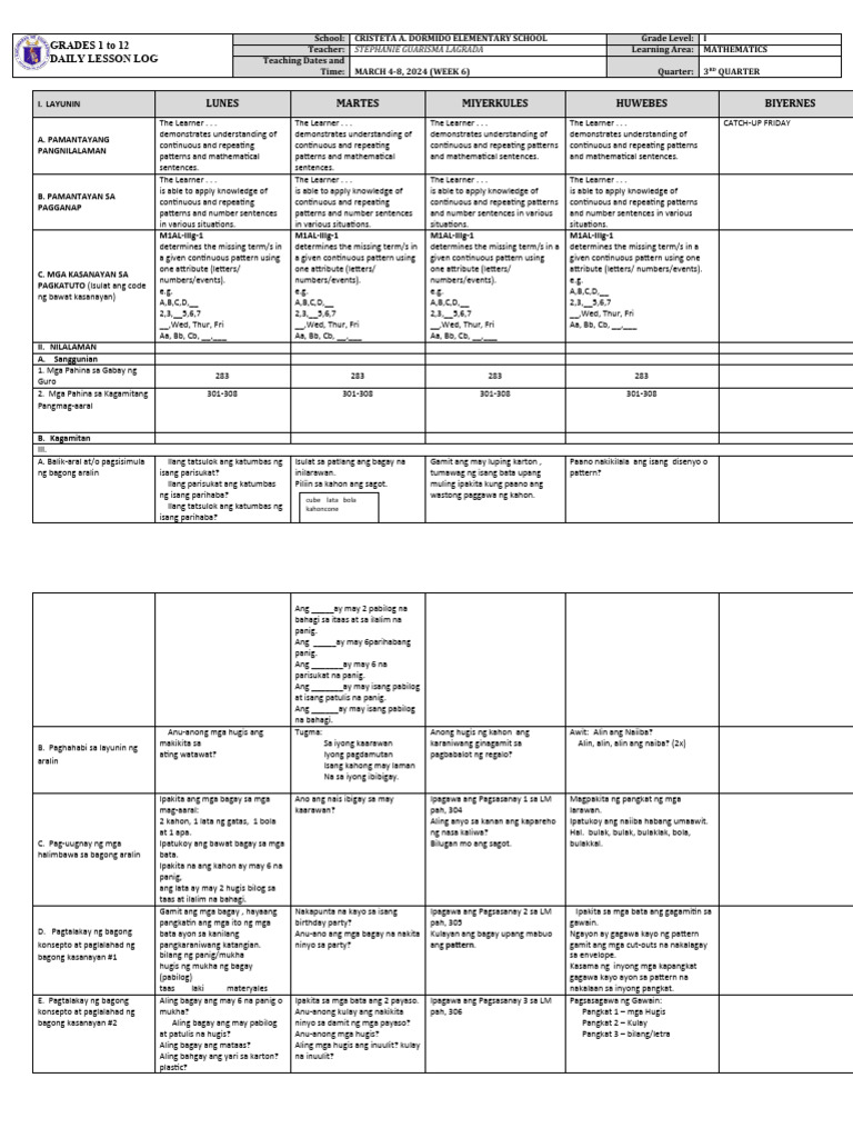 Weekly Math Lesson Plan for Grade 1 | PDF | Learning | Psychological ...
