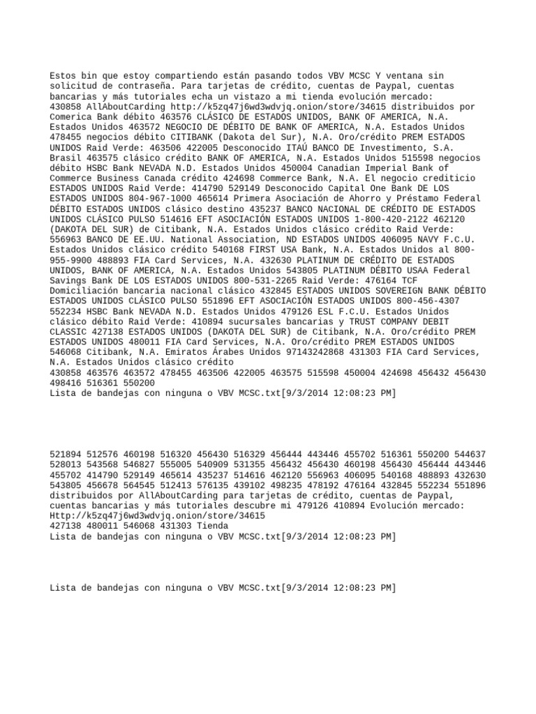 List of BINS With No VBV or MCSC Descargar gratis PDF Tarjeta de