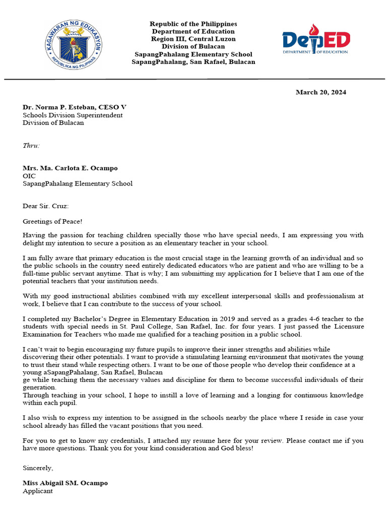 Application for Elementary Teacher Position | PDF | Teachers | Behavior ...