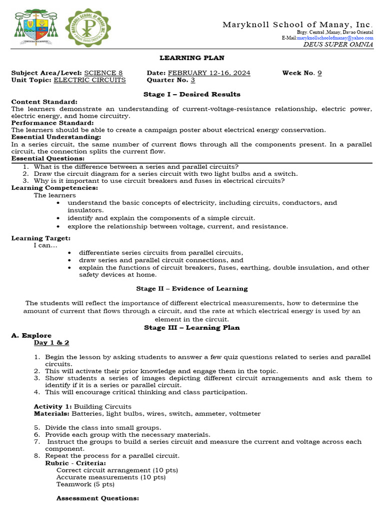 Grade 8 Electric Circuits Learning Plan | PDF | Series And Parallel ...