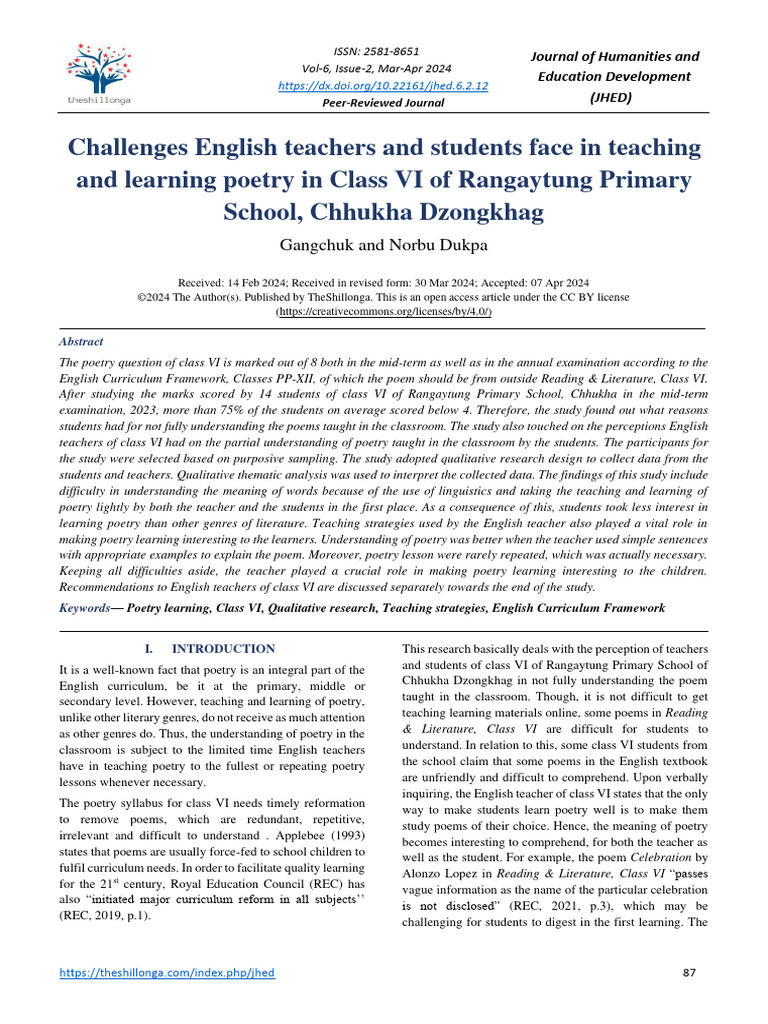 Challenges in Teaching Poetry in Class VI | PDF | Teachers | Reading ...