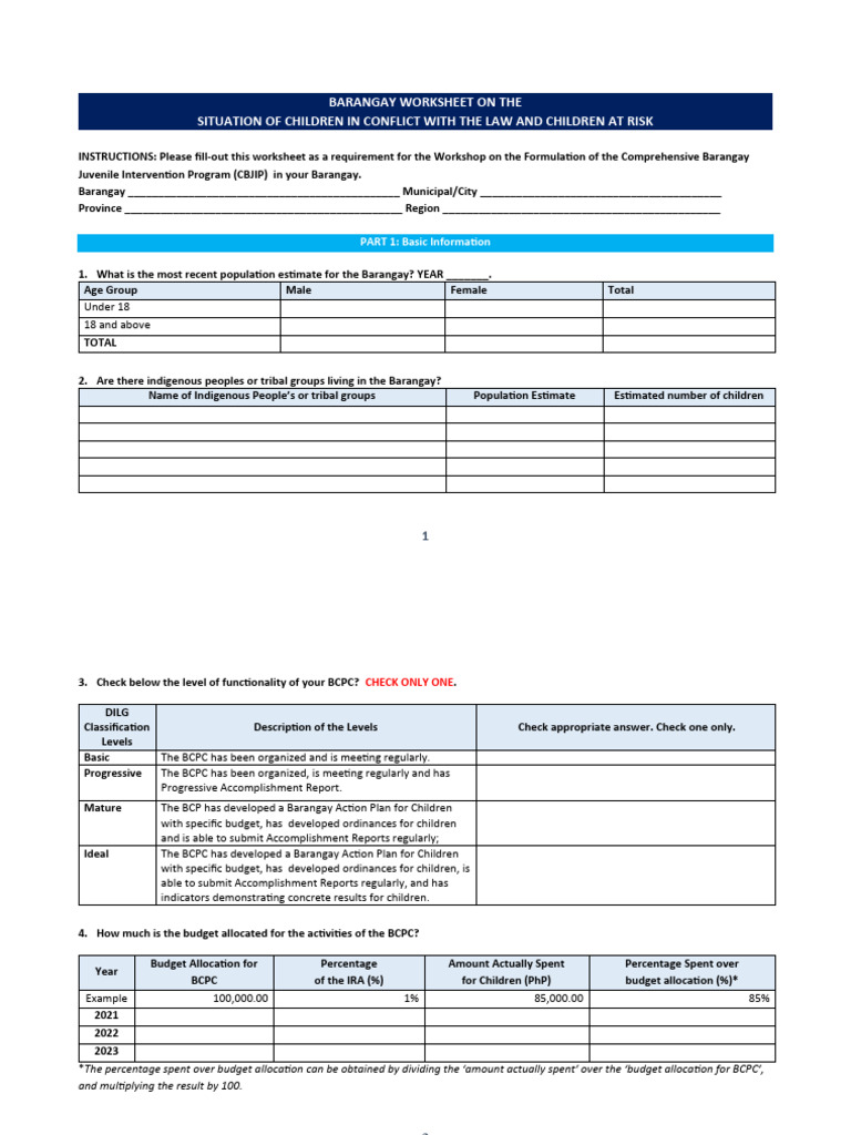 Barangay Worksheet for Child Welfare | PDF | Rape | Crimes
