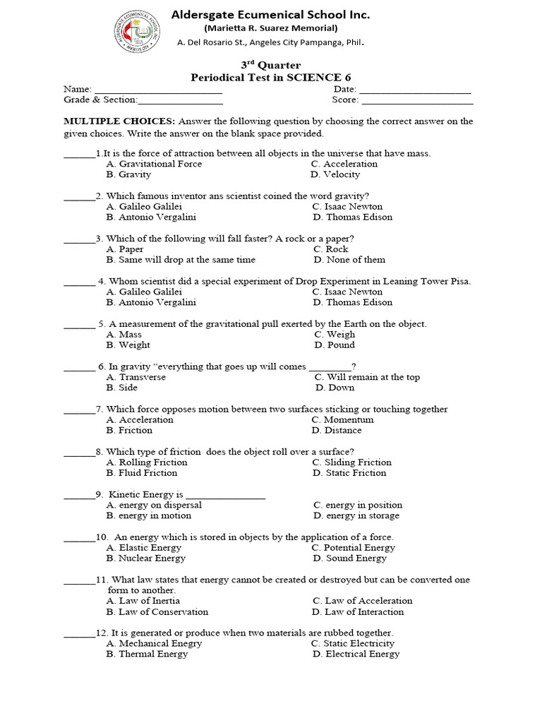 Science 6 Periodical Test Questions | PDF | Force | Friction