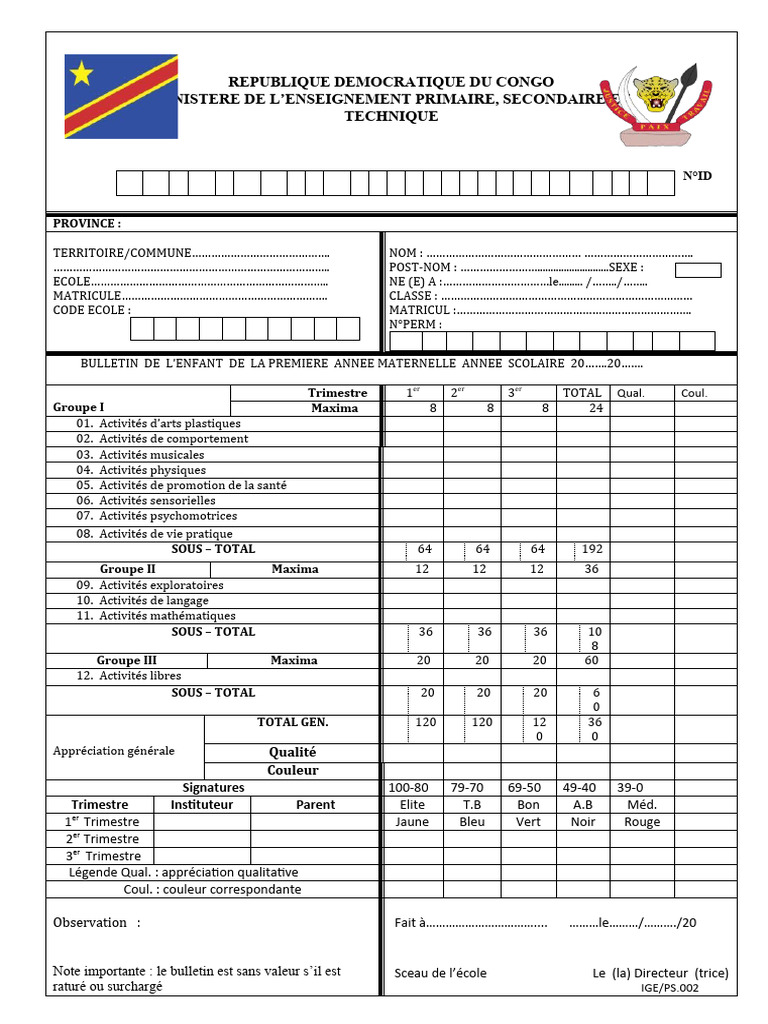 Bulletin Scolaire Maternelle RDC 2023 | PDF | Lumière | Graphisme