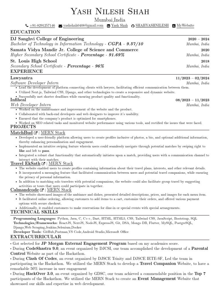 Yash Shah: IT Student & Developer Profile | PDF | Websites | Usability