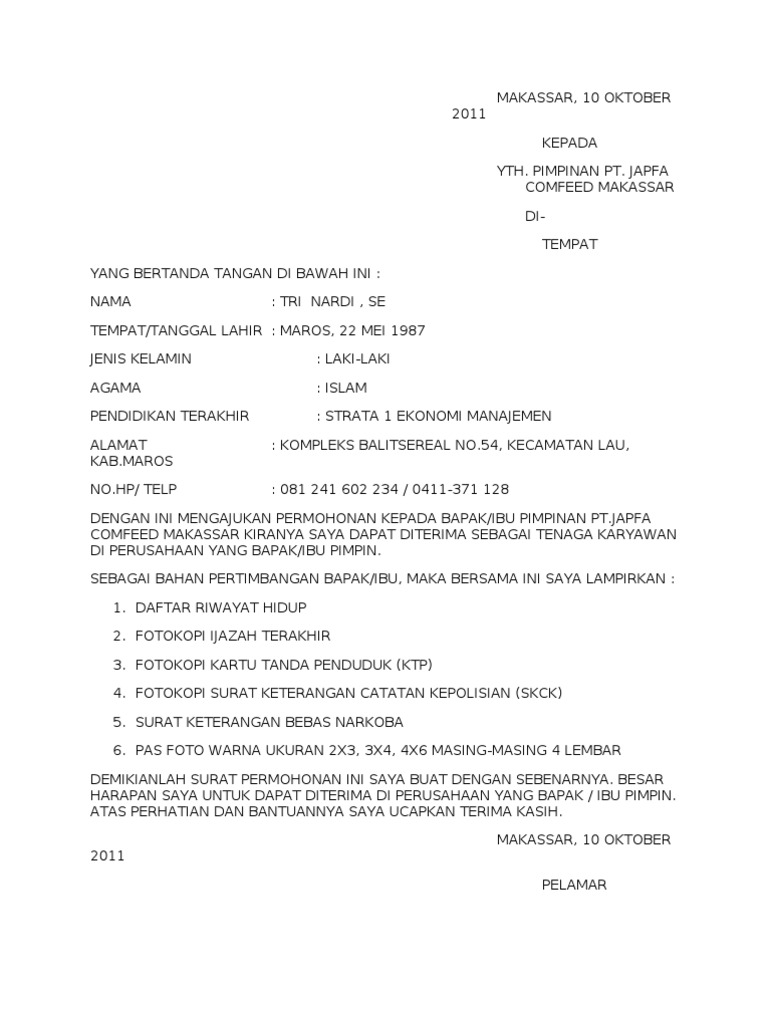 Contoh Surat Lamaran