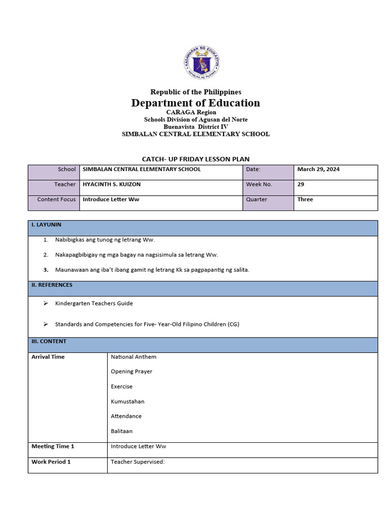 Letter Ww Lesson Plan for Kindergarten | PDF | Differentiated ...