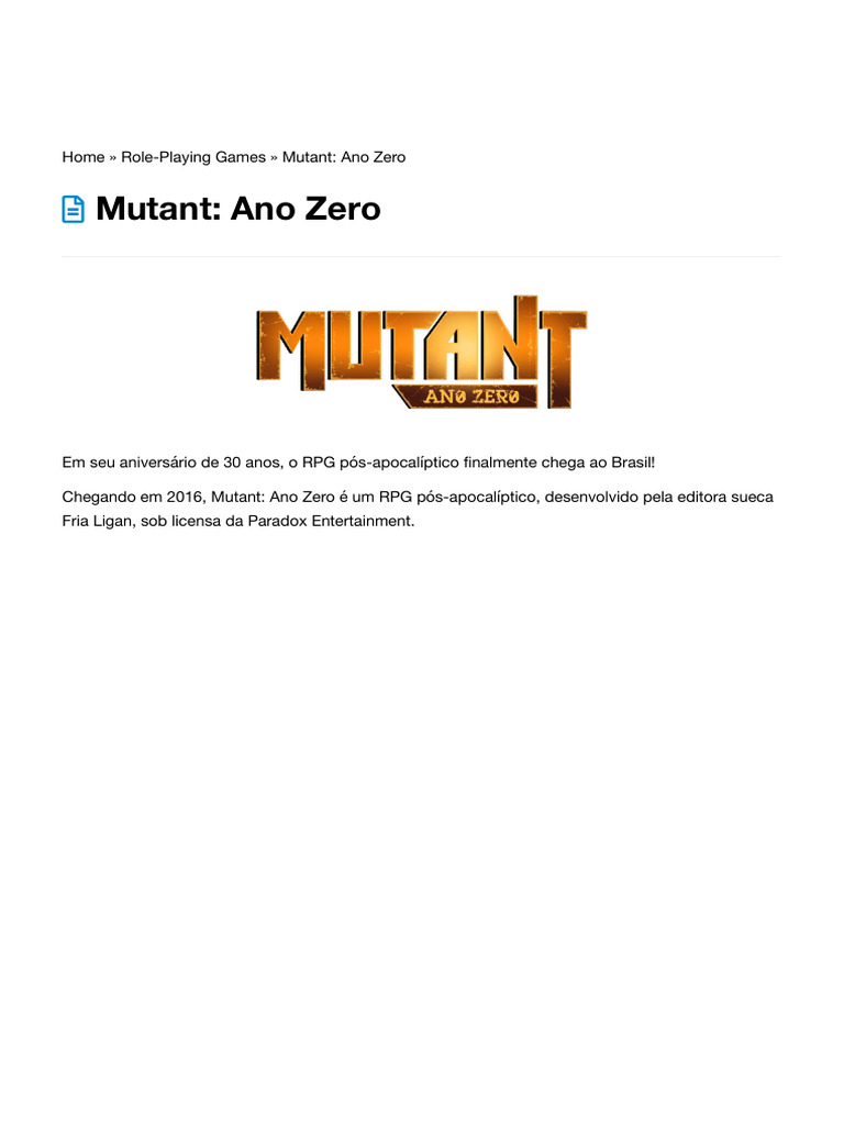 Mutant: Ano Zero - RPG Pós-Apocalíptico | PDF | Jogos de RPG