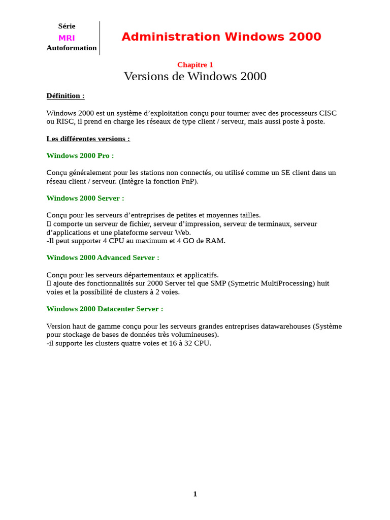 Administration de Windows 2000: Versions et Fonctions | PDF | Active ...