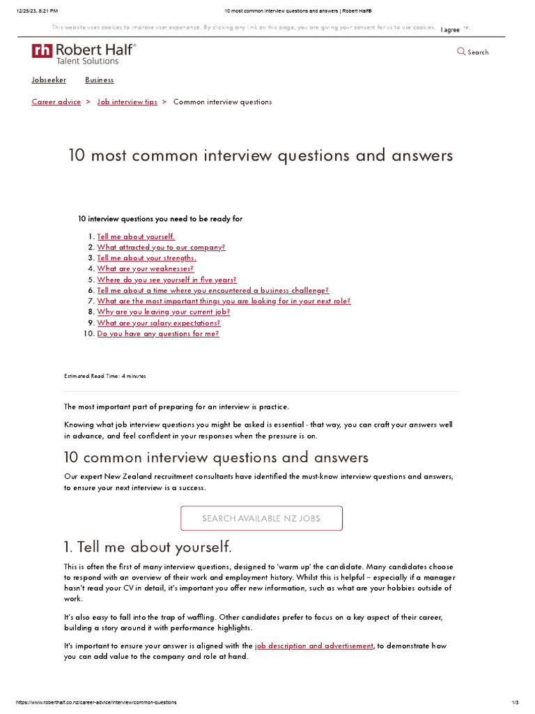 10 Most Common Interview Questions and Answers - Robert Half® | PDF ...