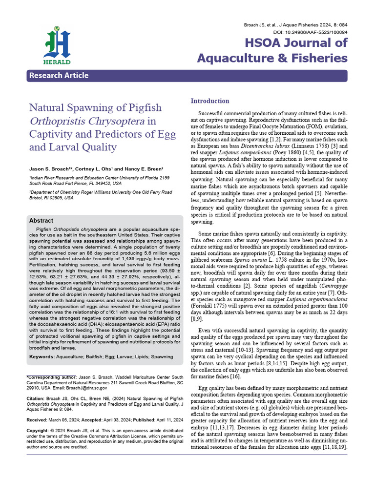 Natural Spawning of Pigfish Orthopristis Chrysoptera in Captivity and ...