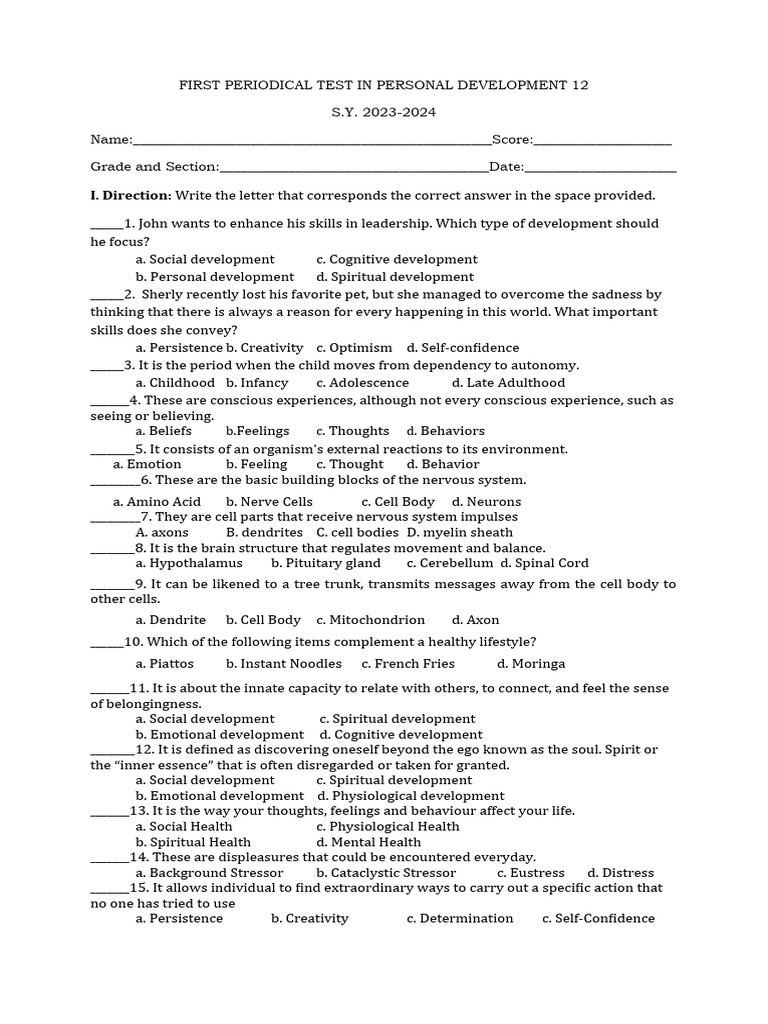 First Periodical Test in Personal Development | PDF | Nervous System | Axon