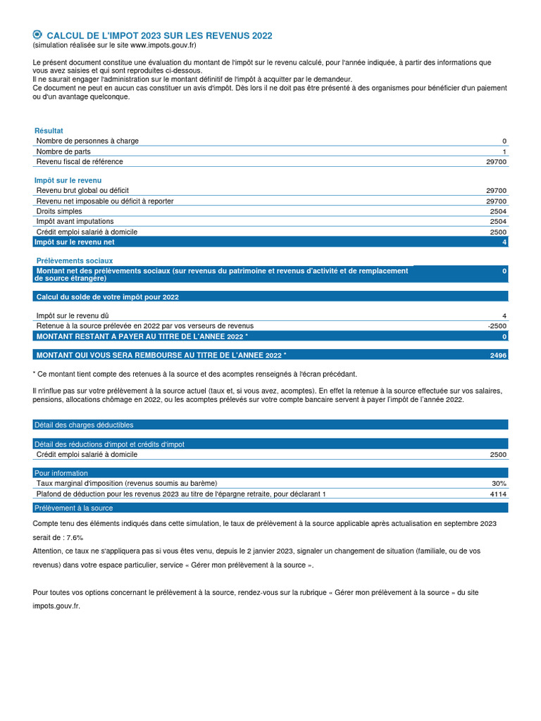 Simulation Impôt 2023 sur Revenus 2022 | PDF | Impôt sur le revenu ...