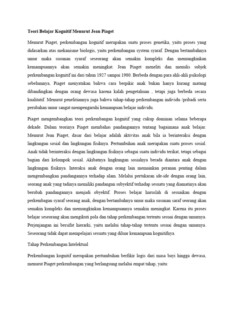 Teori Belajar Kognitif Menurut Jean Piaget Pdf