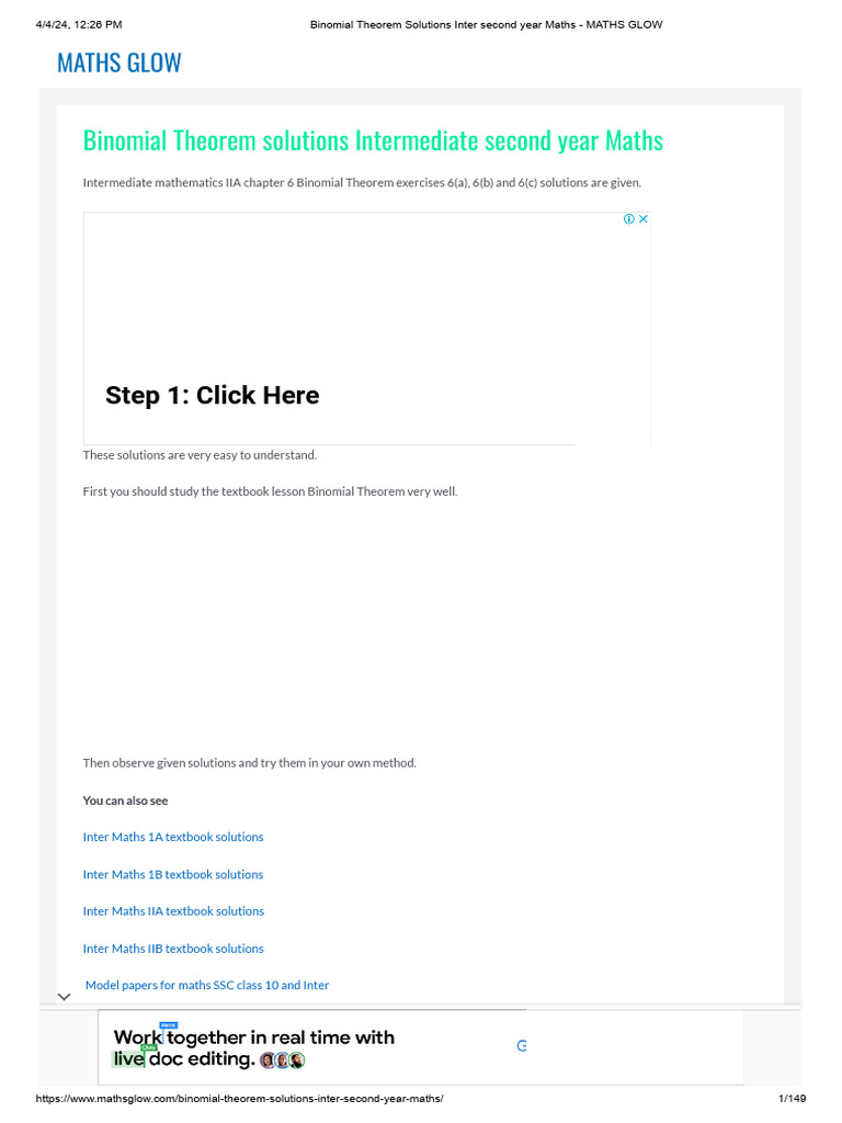 Binomial theorem solutions inter second year maths maths glow pdf