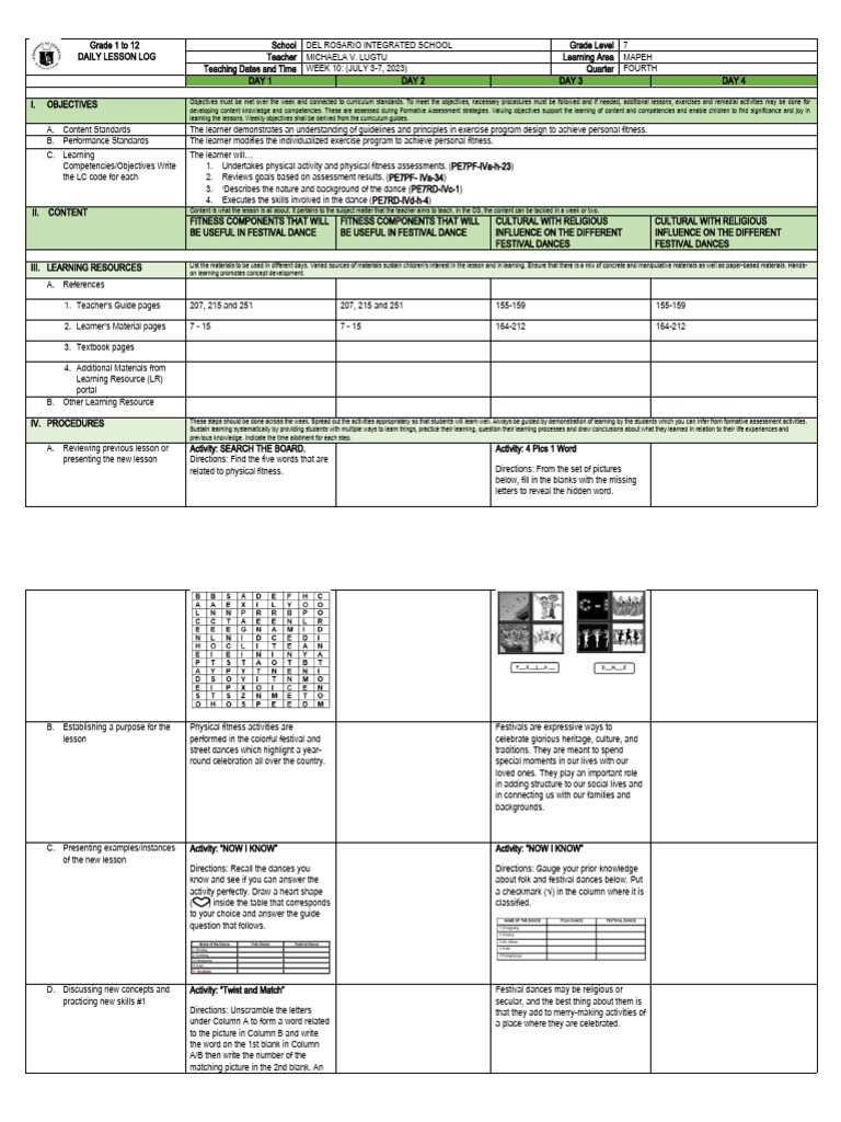 Grade 7 MAPEH Daily Lesson Log | PDF | Learning | Educational Assessment