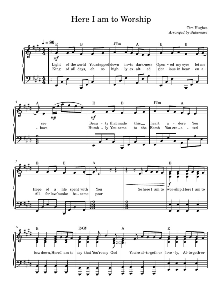 Here I Am to Worship Lyrics and Music | PDF