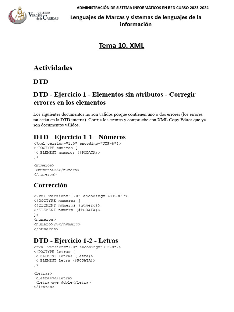Corrección de DTD en XML: Ejercicios 2023 | PDF | Xml | Formatos de ...