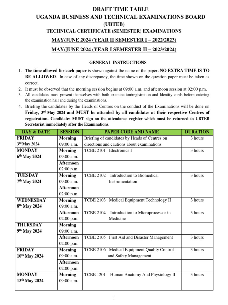 UBTEB Draft Timetable 2024 | PDF | Academic Term | Medical Device