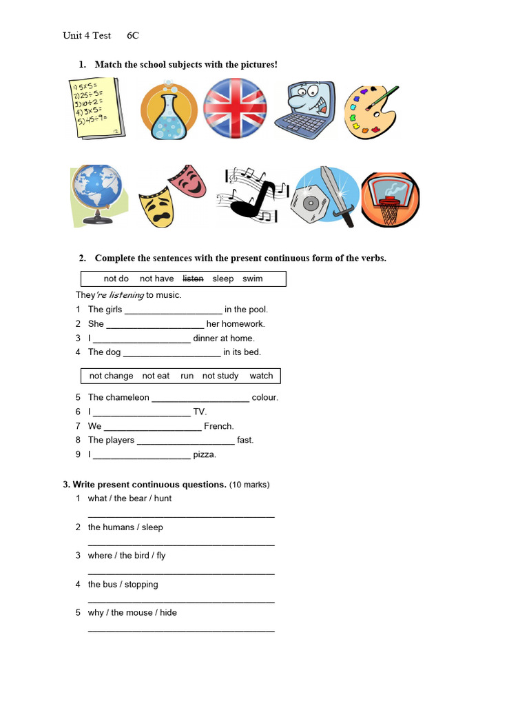 Unit 4 Test 6C: 1. Match The School Subjects With The Pictures! | PDF ...