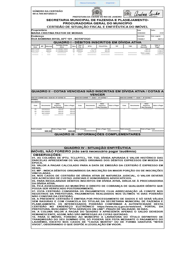 Certidão de Situação Fiscal e Enfitêutica | PDF