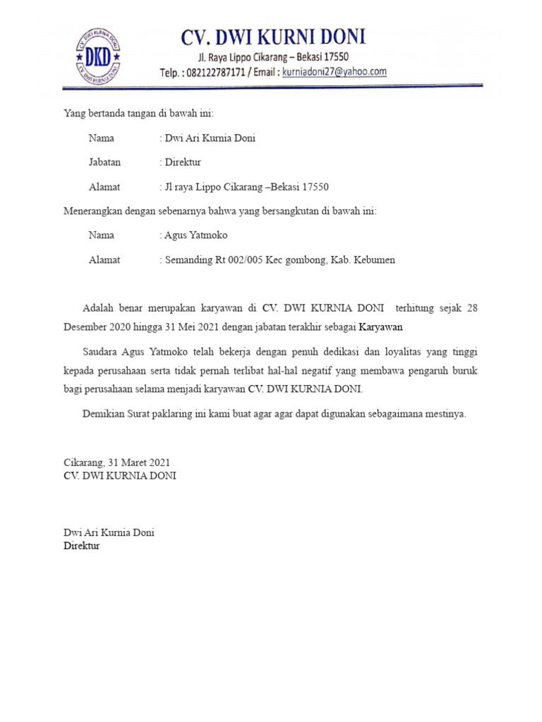 Surat Paklaring Karyawan Agus Yatmoko | PDF