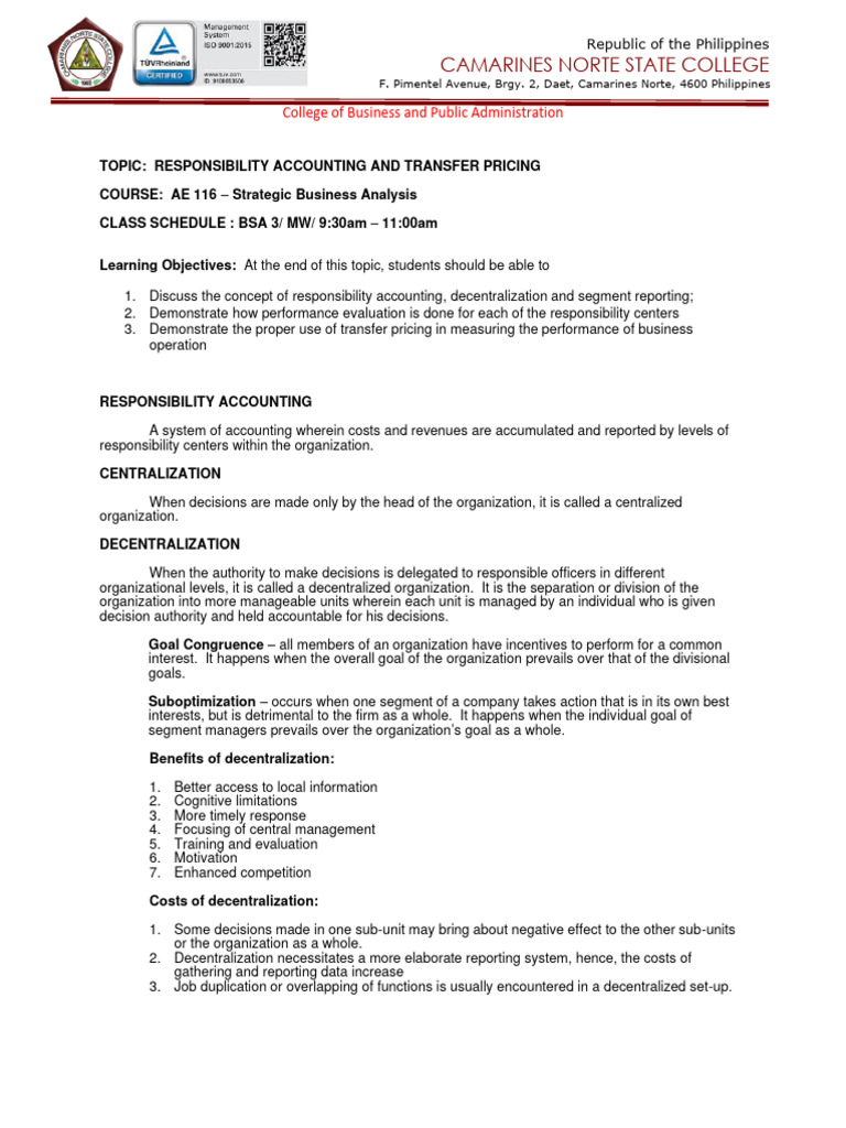 Responsibility Accounting & Transfer Pricing | PDF | Cost Of Capital ...