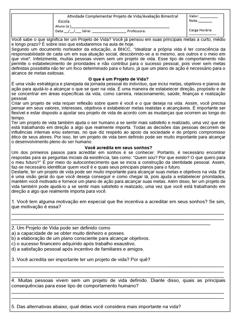 Avaliação - Atividade Complementar Projeto de Vida 1 Bimestre ...