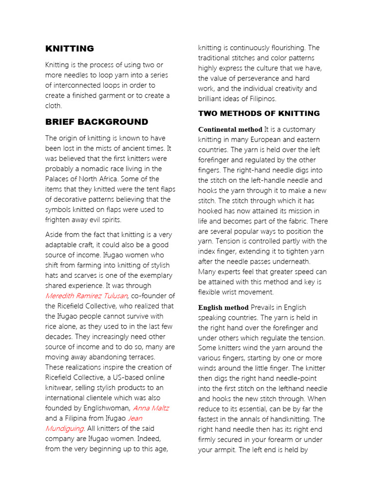 Types of Knitting Stitches Explained | PDF | Knitting | Knitting Needle