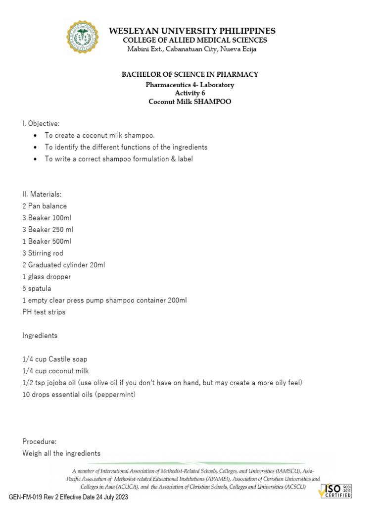 Cosme POST LAB Activity 6 Coconut Milk SHAMPOO 3 | PDF | Shampoo | Coconut