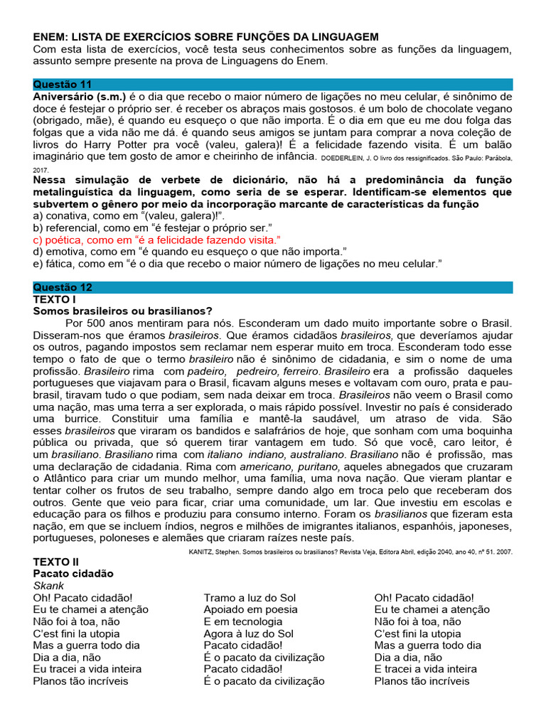 Exercícios ENEM: Funções da Linguagem | PDF | Refugiado | Poesia