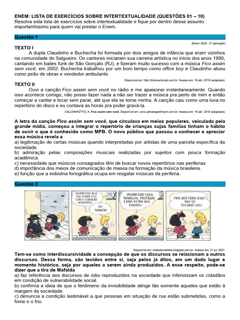 Exercícios ENEM: Intertextualidade | PDF