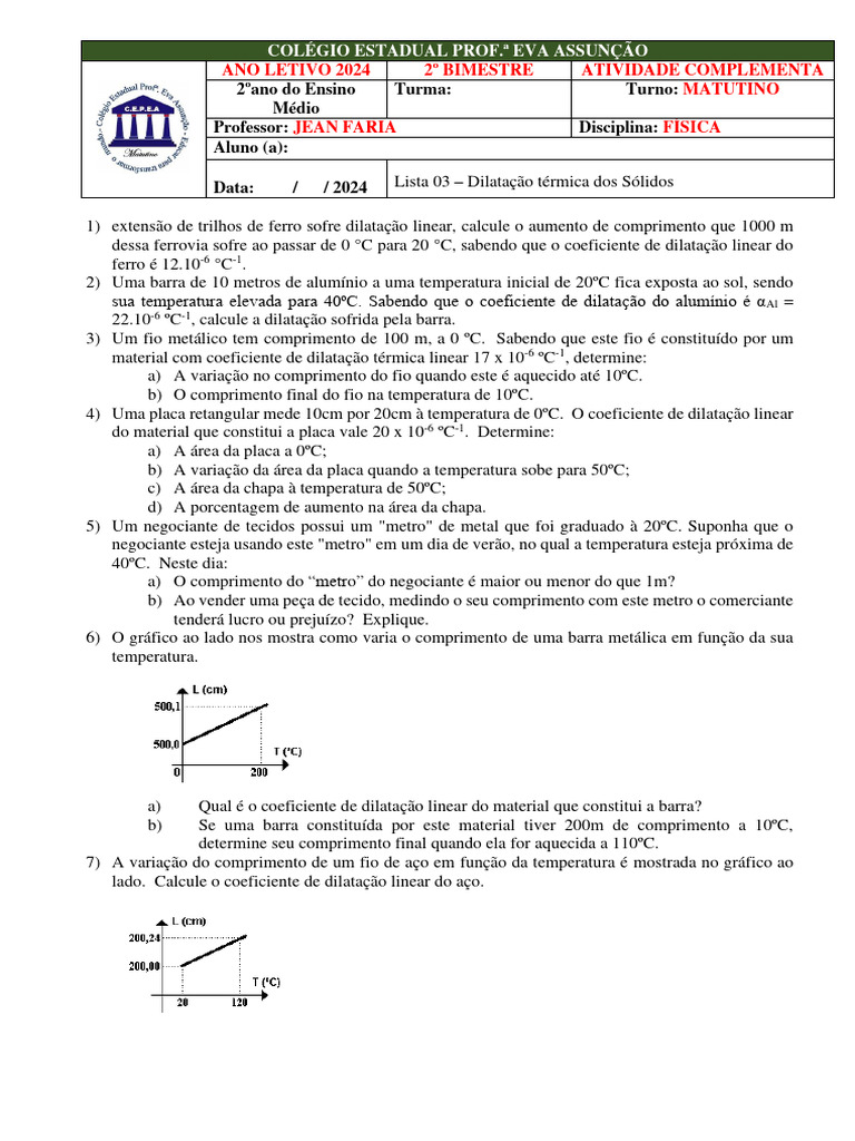 Exercícios sobre Dilatação Térmica | PDF | Expansão térmica | Química ...