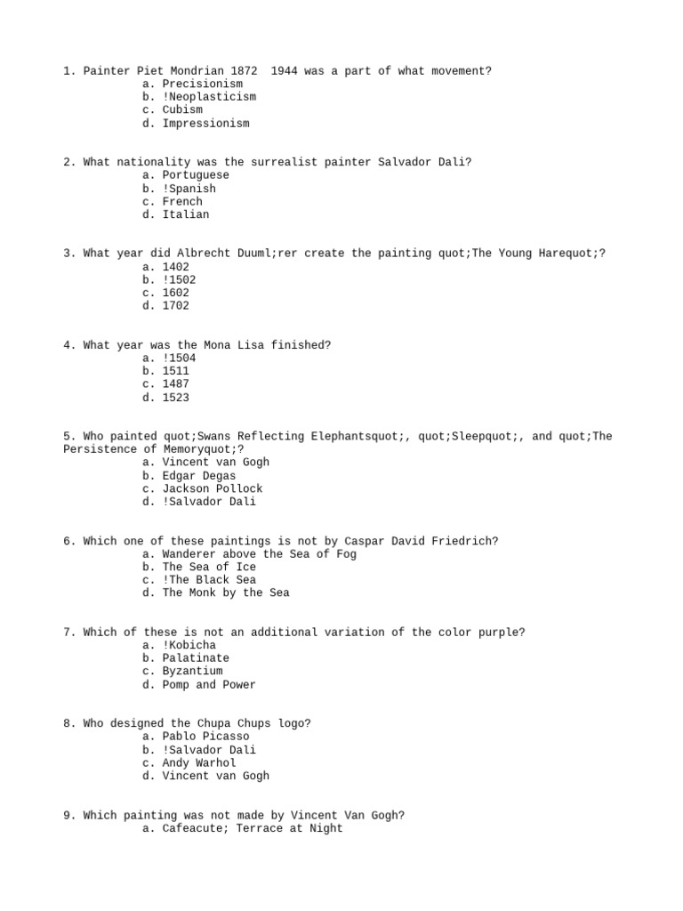 Art, Math, and Science Quiz Questions | PDF | Paintings | Numbers