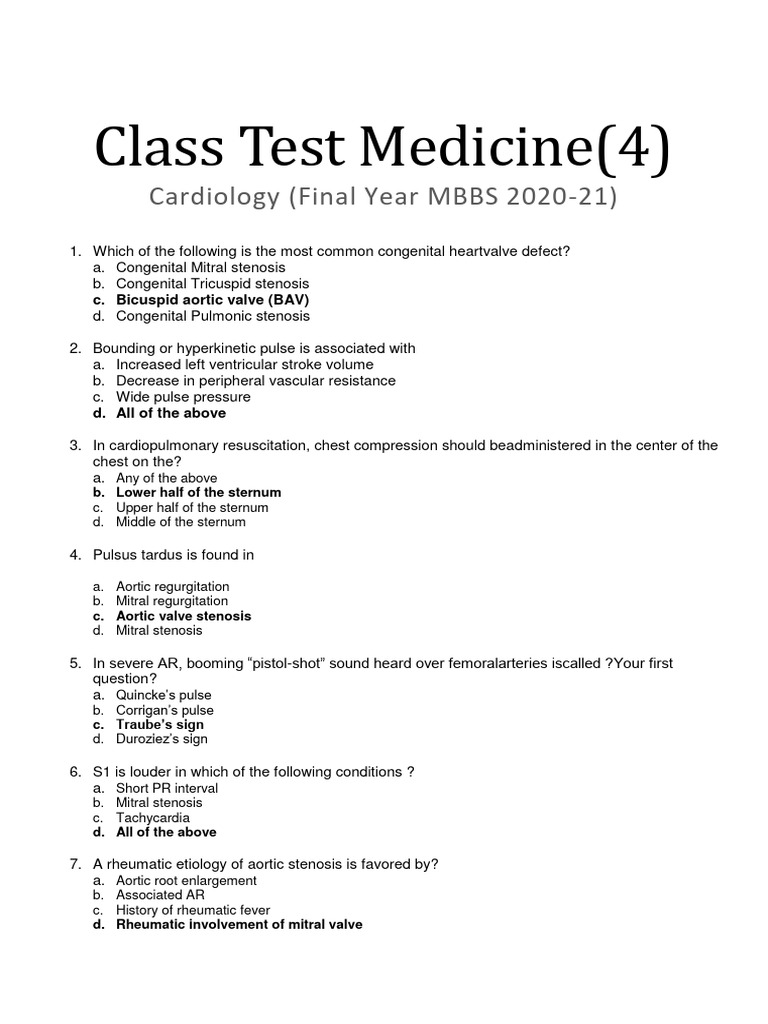 Cardio Class Test Medicine4 2021 | PDF | Wellness | Science & Mathematics