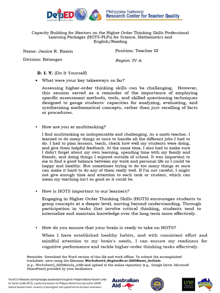 Mentoring for Higher Order Thinking Skills | PDF | Learning | Thought