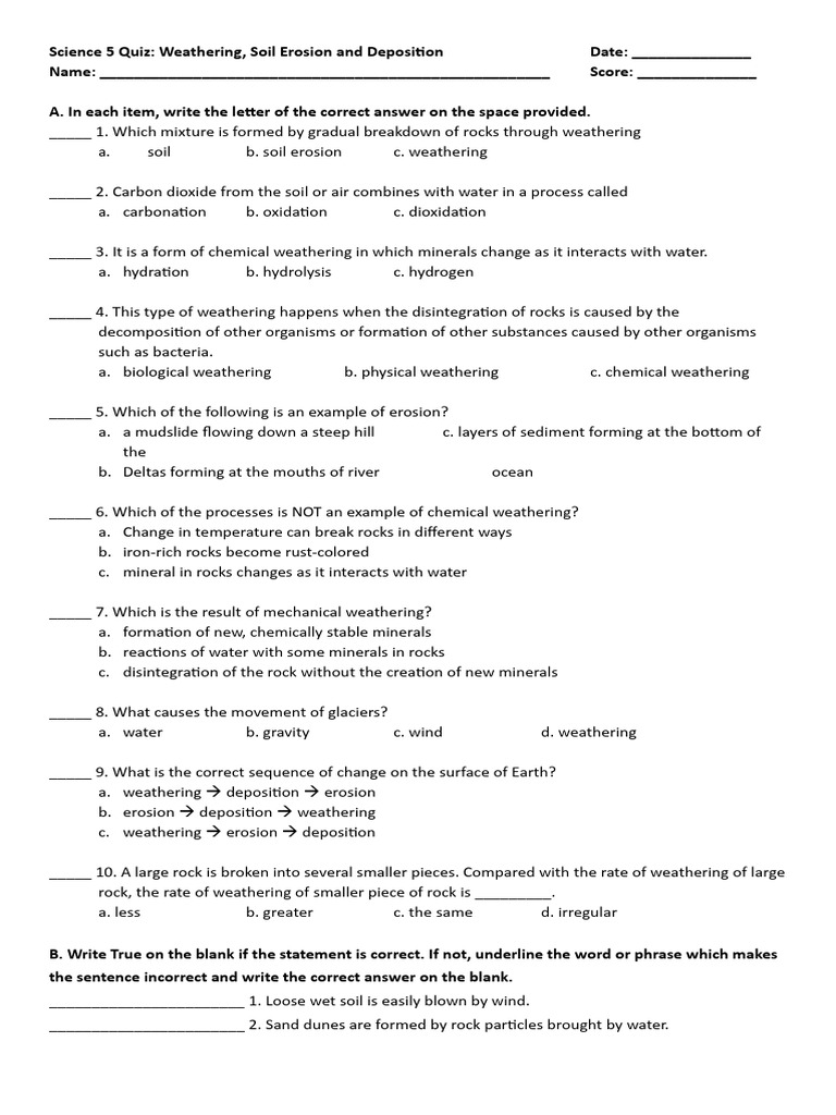 Quiz.weathering.erosion.deposition Copy | PDF | Weathering | Rock (Geology)
