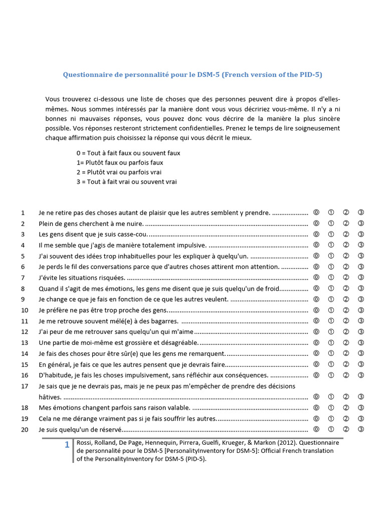 Questionnaire PID-5 en Français | PDF | Santé mentale | Psychologie