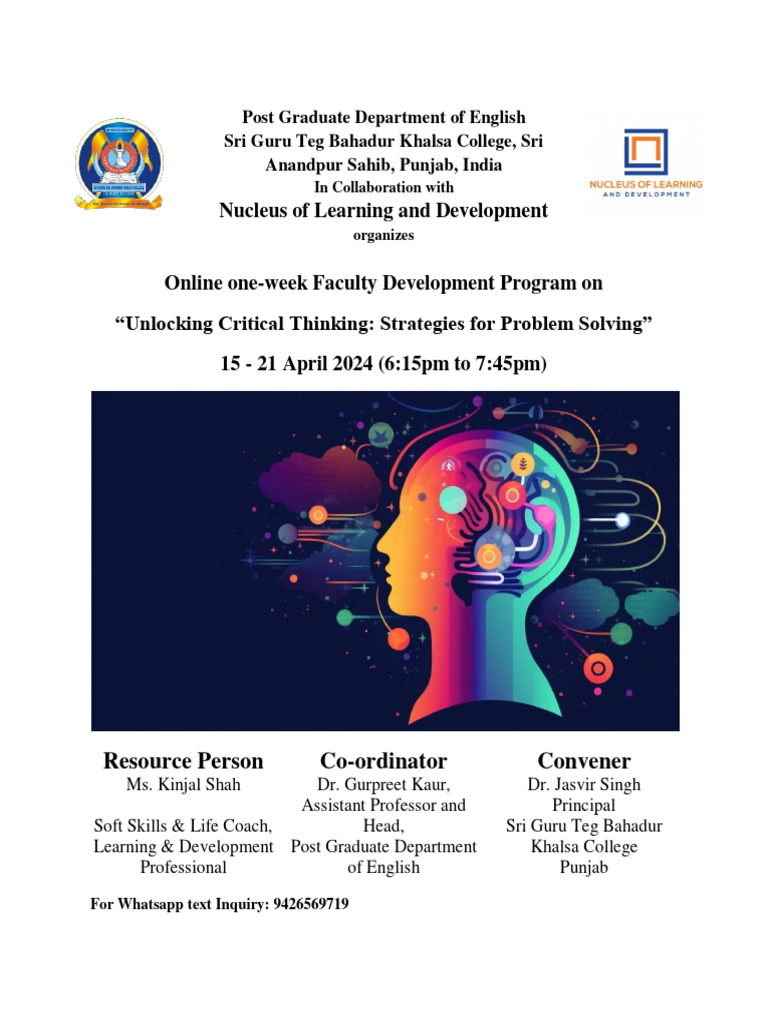 Fdp On Critical Thinking For Problem Solving Pdf Thought Critical