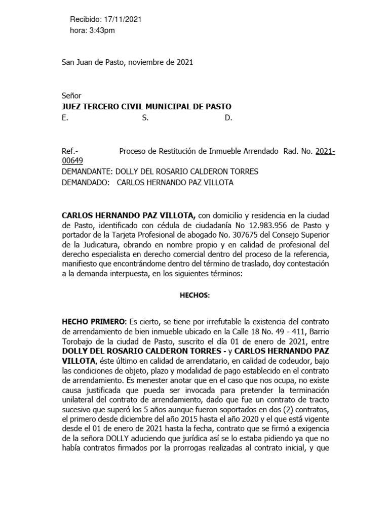Contestación a Demanda de Restitución Inmueble | PDF | Póliza de ...