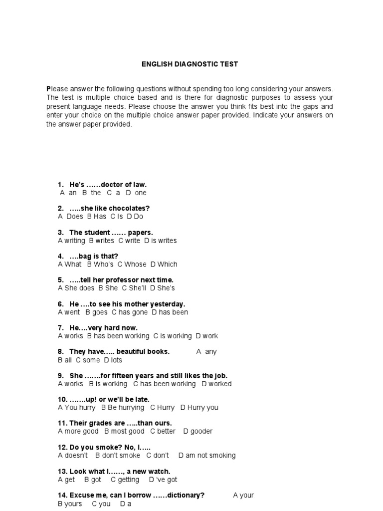 English Diagnostic Test for Beginners | PDF | Business