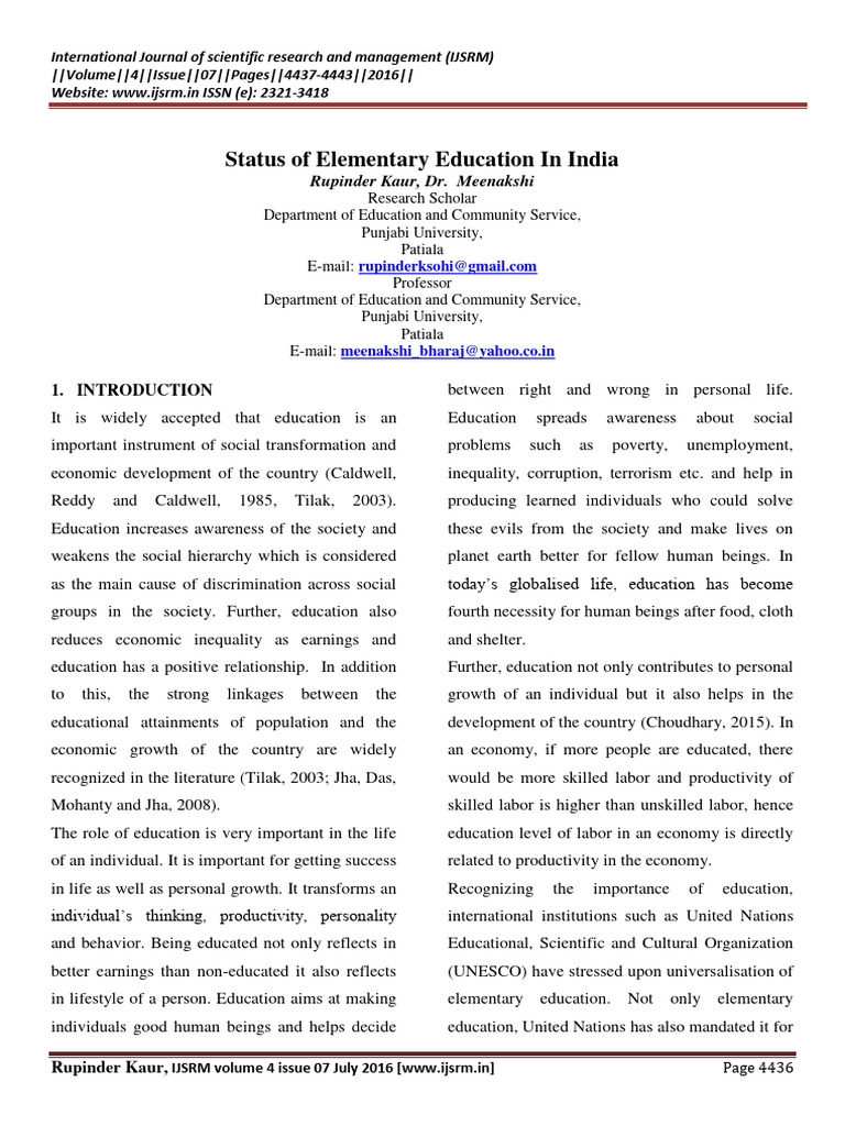Status of Elementary Education in India | PDF | Human Capital | Capital ...